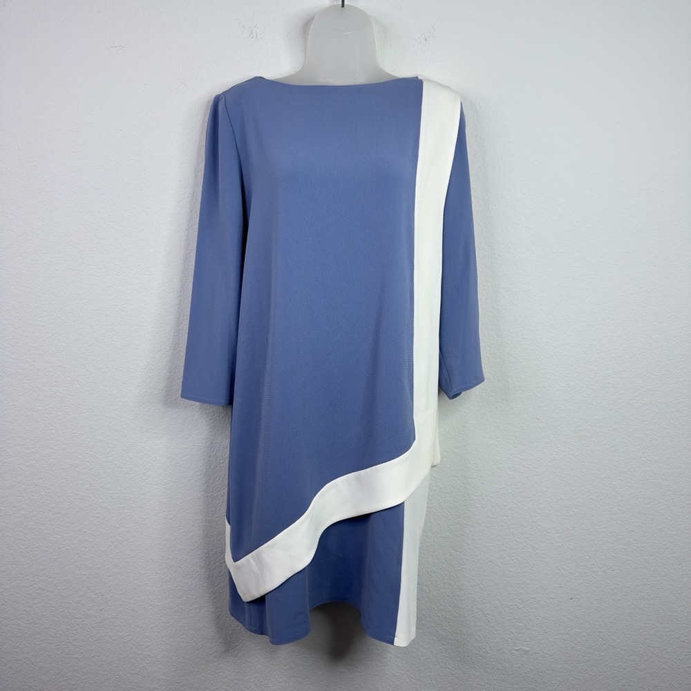 Tom and Linda Platt Dress Womens 10 Blue Colorblock Minimalist Career Asymmetric
